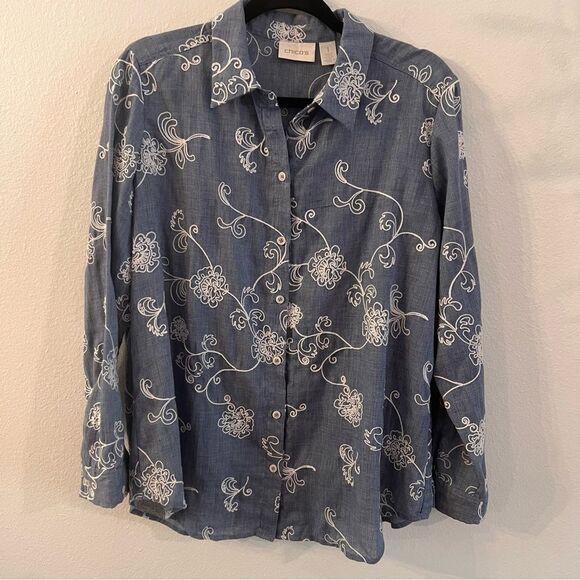 Chico’s Blouse Embroidered Lightweight Blue Size 1 (Medium 8) Long sleeve - Picture 1 of 9